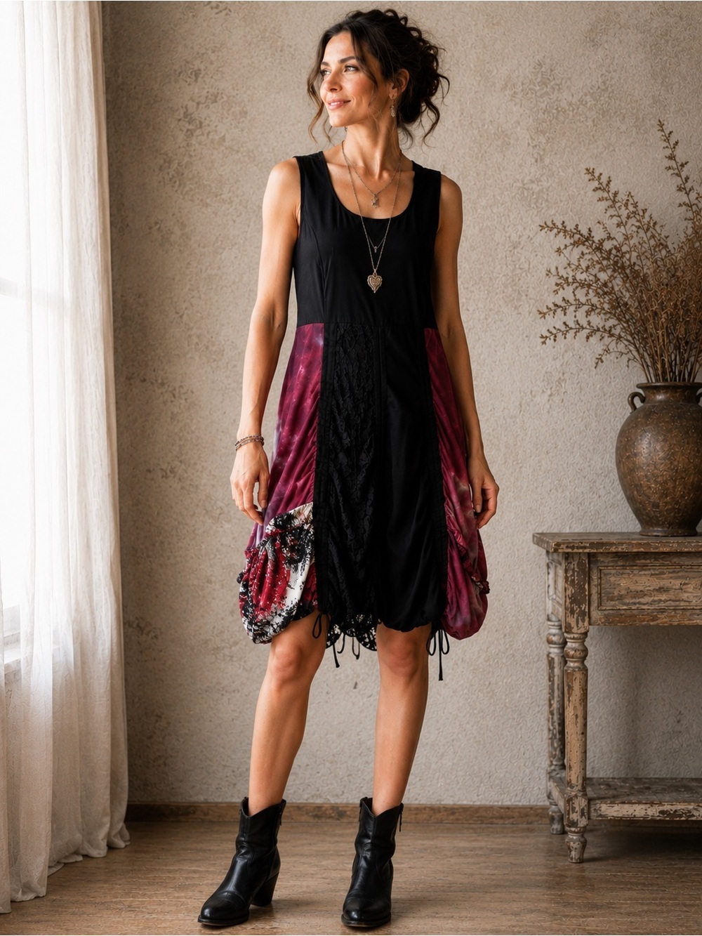 All Beautiful Enjoy Tunic Dress Black Patchwork Lace Mesh Bubble Hem 10